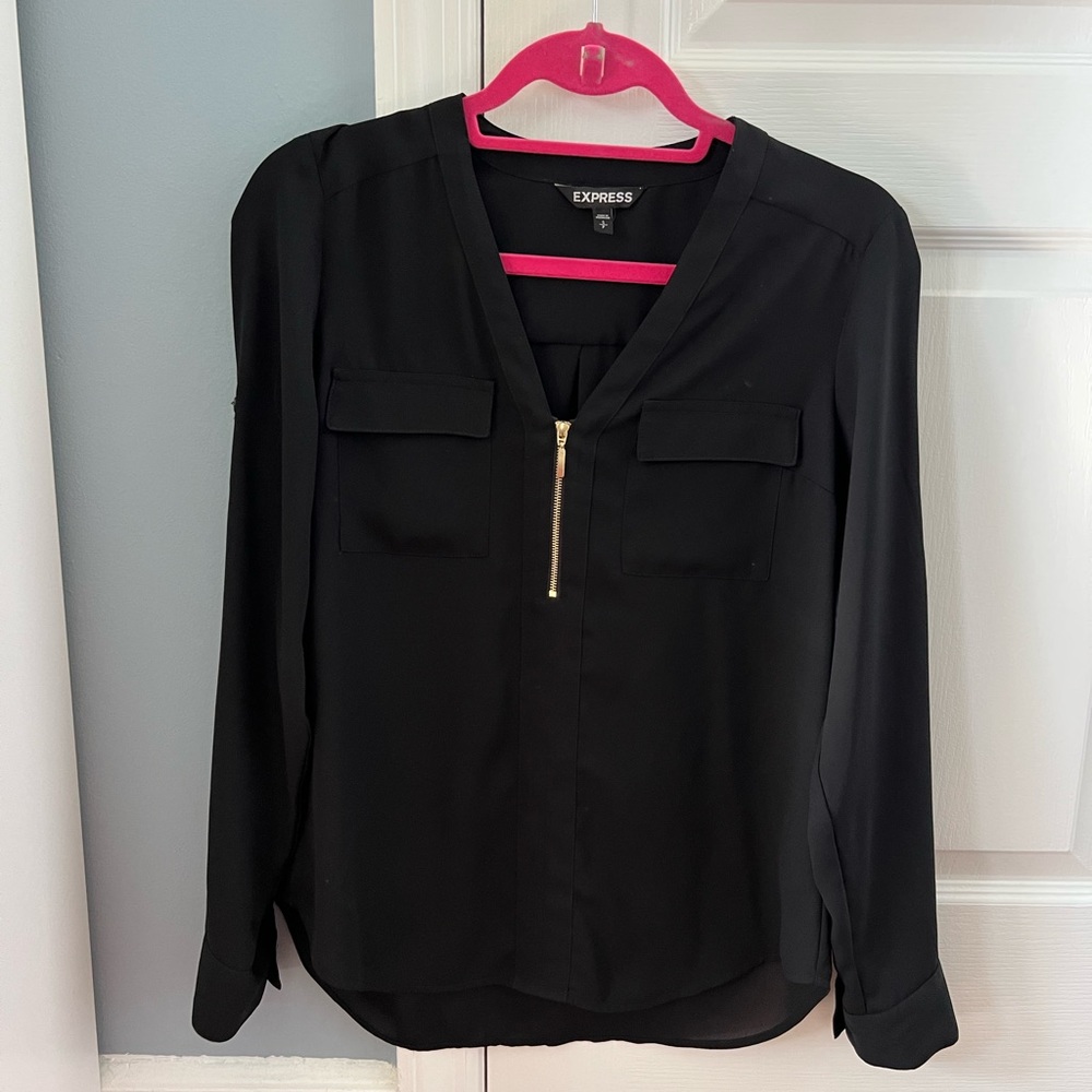 Long Sleeve Blouse with Gold Zipper